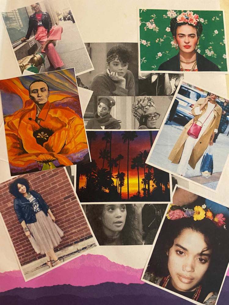 A mood board with photos of actors, artwork, and colorful scenery as inspiration for Tiffaney's sewing plans.