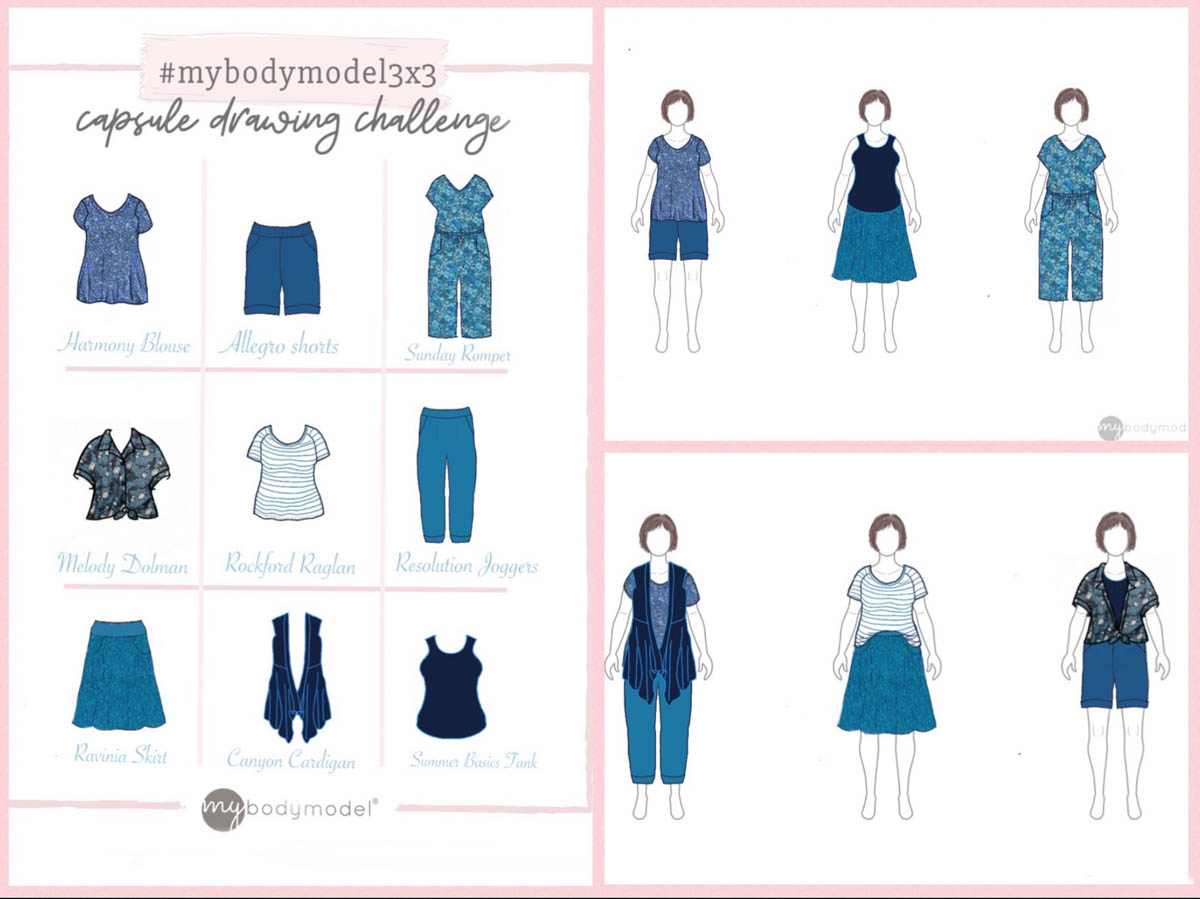 A collage of the MyBodyMoel 3x3 Capsule Drawing Challenge grid planning sheet and two 3-croquis layouts of Pam's blue capsule wardrobe. Patterns: Harmony Blouse, Allegro Shorts, Sunday Romper, Melody Dolman, Rockford Raglan, Resolution Joggers, Ravinia Skirt, Canyon Cardigan, Summer Basics Tank.