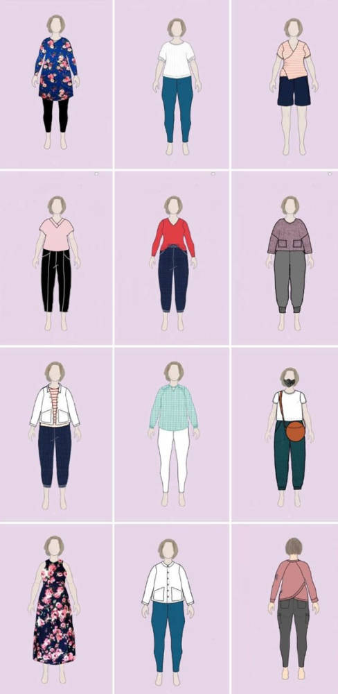A 4x3 grid of Pam's favorite outfits from her me-made garments digitally drawn on her MyBodyModel croquis on a pale pink background.