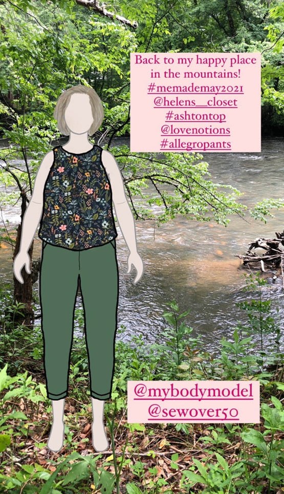 Pam's digital MyBodyModel croquis dressed in a Me Made May outfit of the Helen's Closet Ashton top and Love Notions Allegro pants layered over a photograph of a creek and trees in the mountains.