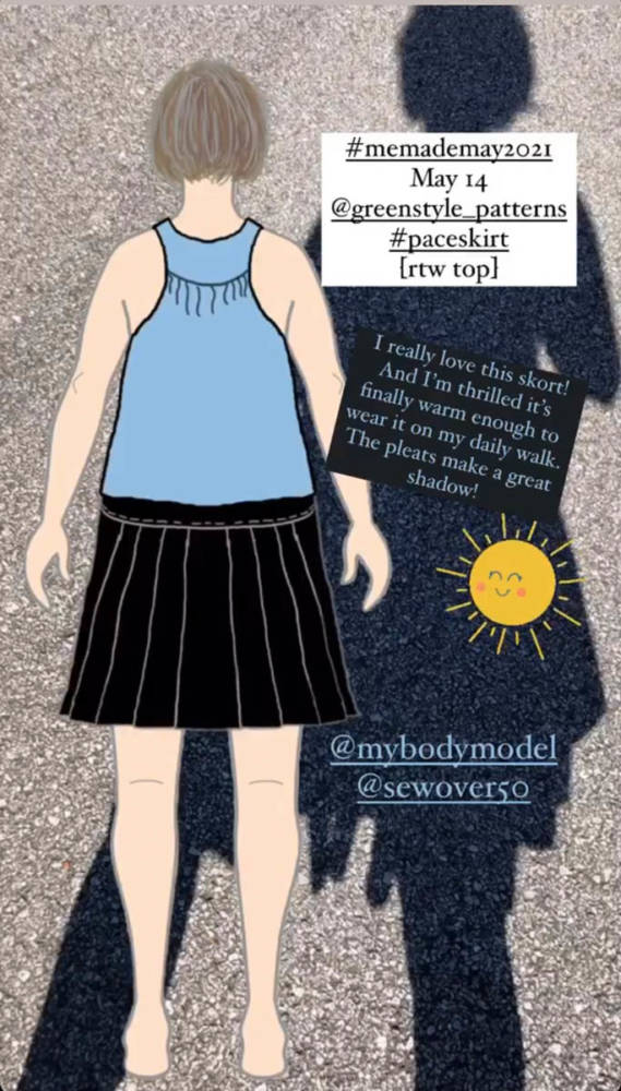 Pam's digital MyBodyModel back view croquis dressed in a Me Made May outfit of a pale blue tank top and a black Greenstyle Patterns Pace skirt layered over a photo of pavement with an image of the sun. A textbox reads: "I really love this skort! And I'm thrilled it's finally warm enough to wear it on my daily walk. The pleats make a great shadow!"