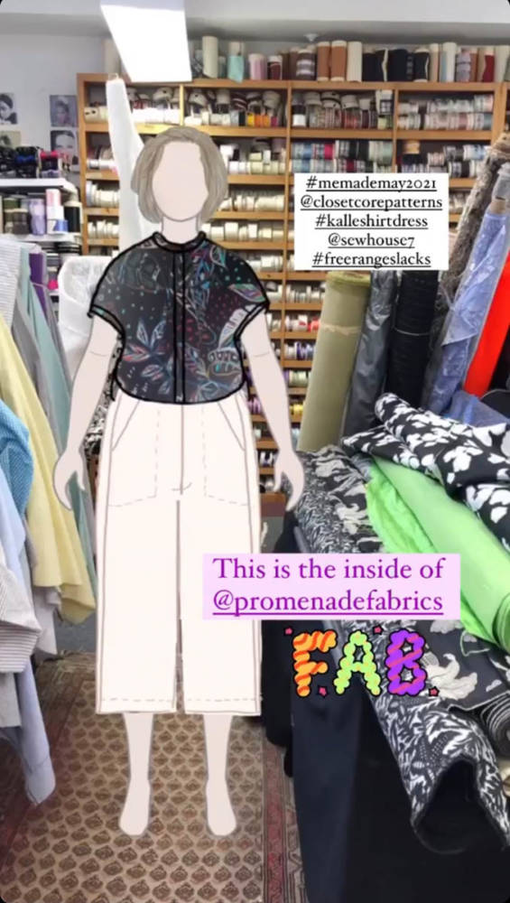 Pam's digital MyBodyModel croquis dressed in a Me Made May outfit of the Closet Core Kalle Shirtdress and Sewhouse 7 Free-Range Slacks layered over a photo of a room with shelves of rolled fabrics. A textbox reads: "This is the inside of @promenadefabrics."
